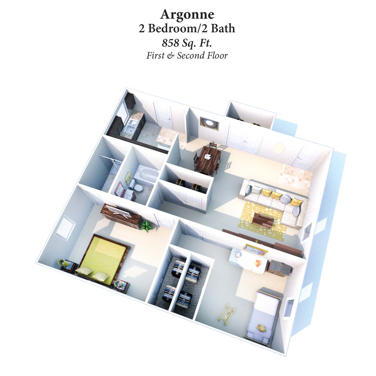 Floor plan for 2 beds, 2 baths, 858 sqft